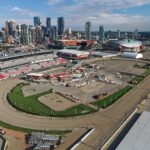 Stampede Park and the Calgary skyline from above