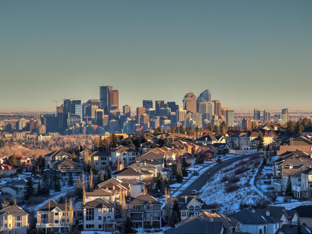 Calgary homes and skyline in winter