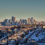 Calgary homes and skyline in winter